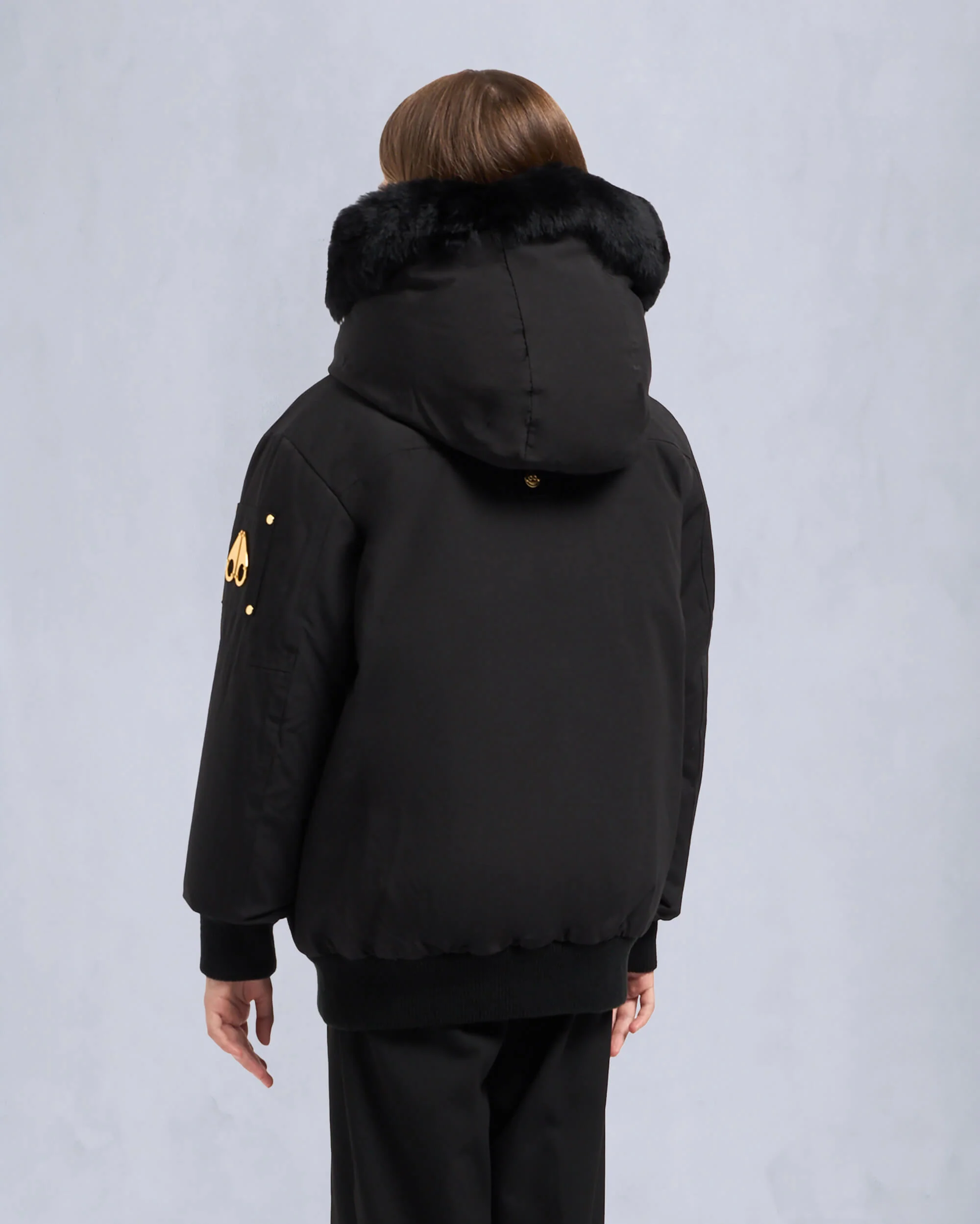 KIDS UNISEX ORIGINAL GOLD SERIES SHEARLING TRIM BOMBER JACKET-BLACK/BLACK - Image 3