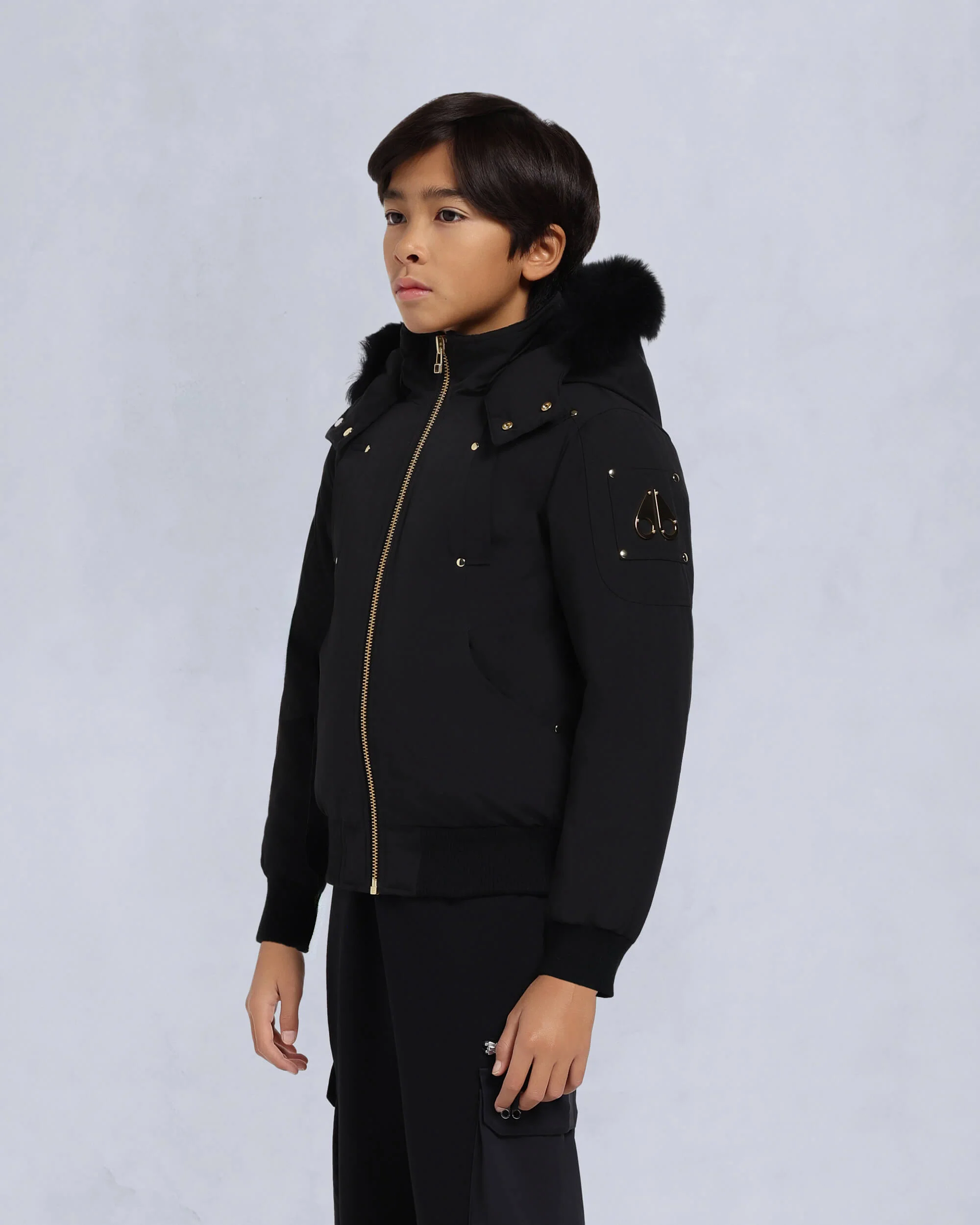 KIDS UNISEX ORIGINAL SHEARLING TRIM BOMBER -BLACK/NATURAL - Image 2