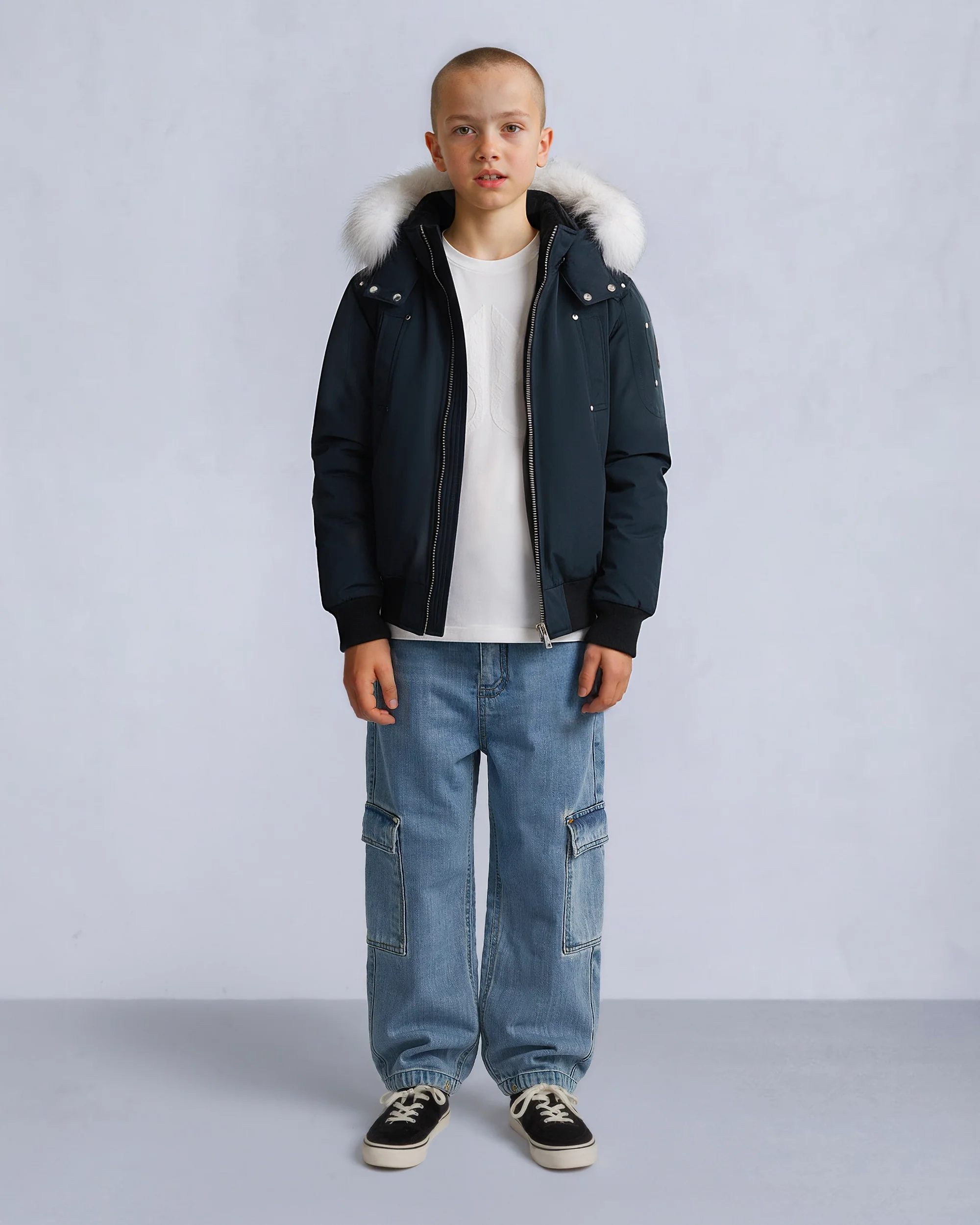 KIDS UNISEX ORIGINAL SHEARLING TRIM BOMBER -NAVY/NATURAL - Image 7