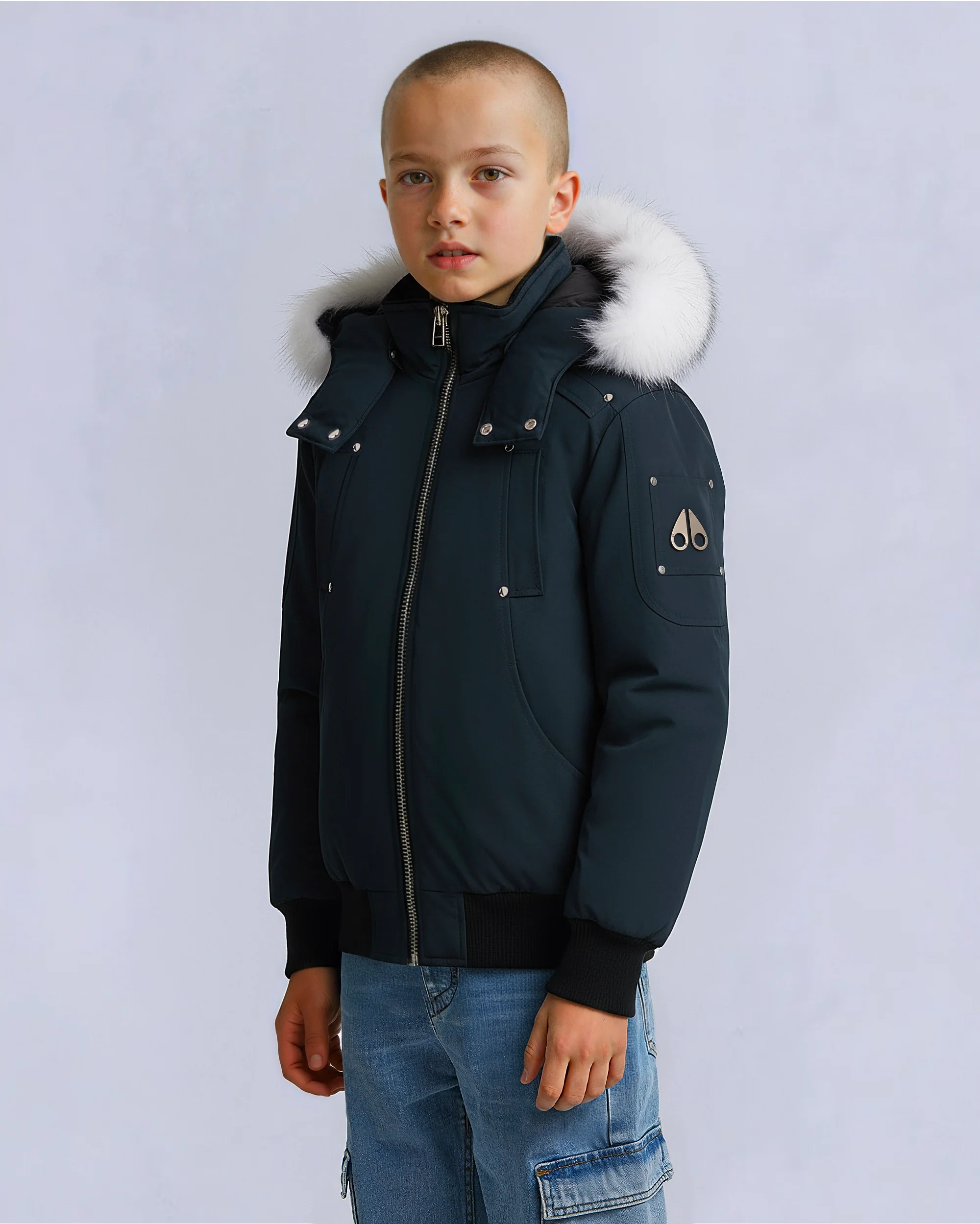 KIDS UNISEX ORIGINAL SHEARLING TRIM BOMBER -NAVY/NATURAL - Image 8