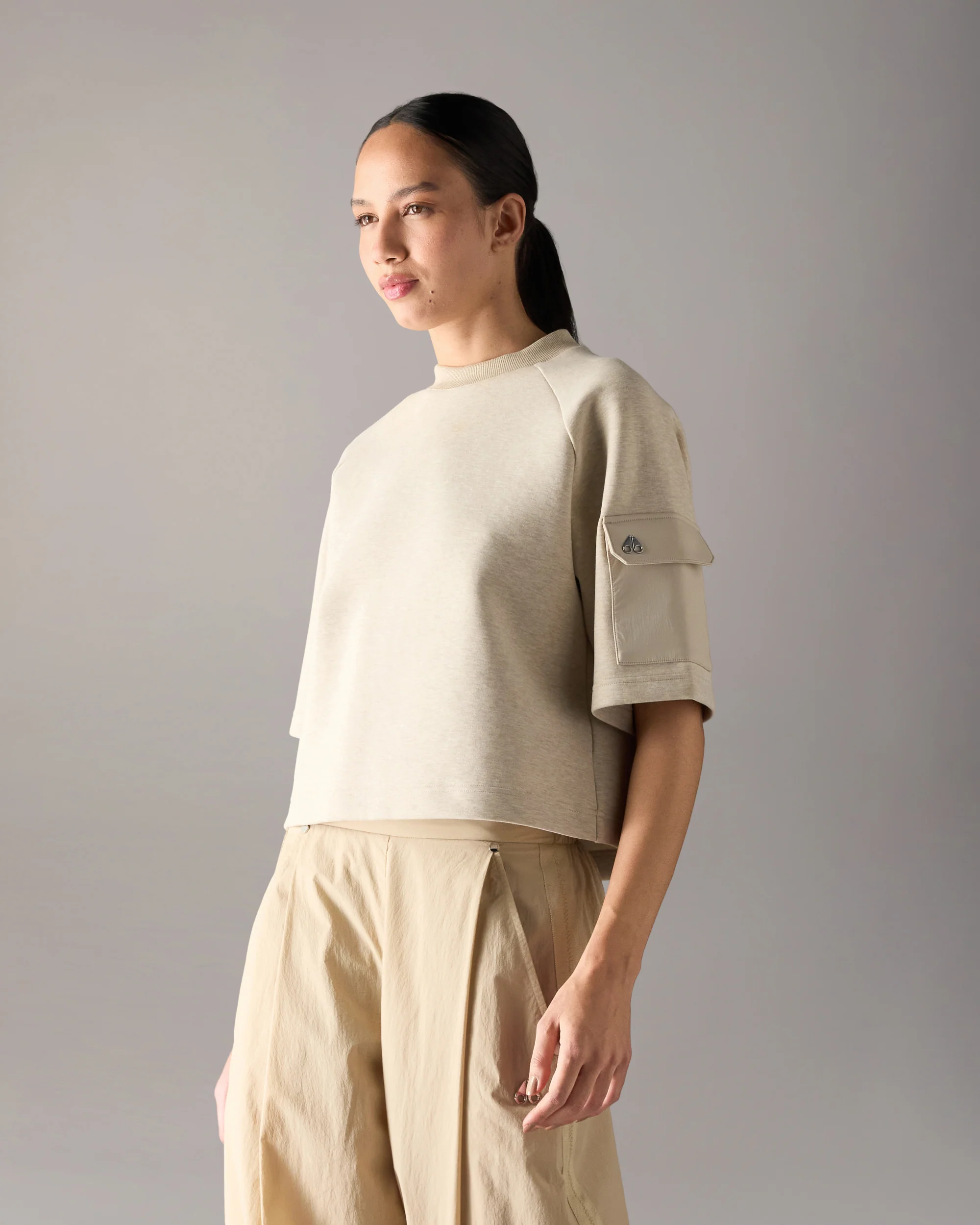 MIXED MEDIA NEOPRENE T-SHIRT-OAT MELANGE - Image 2